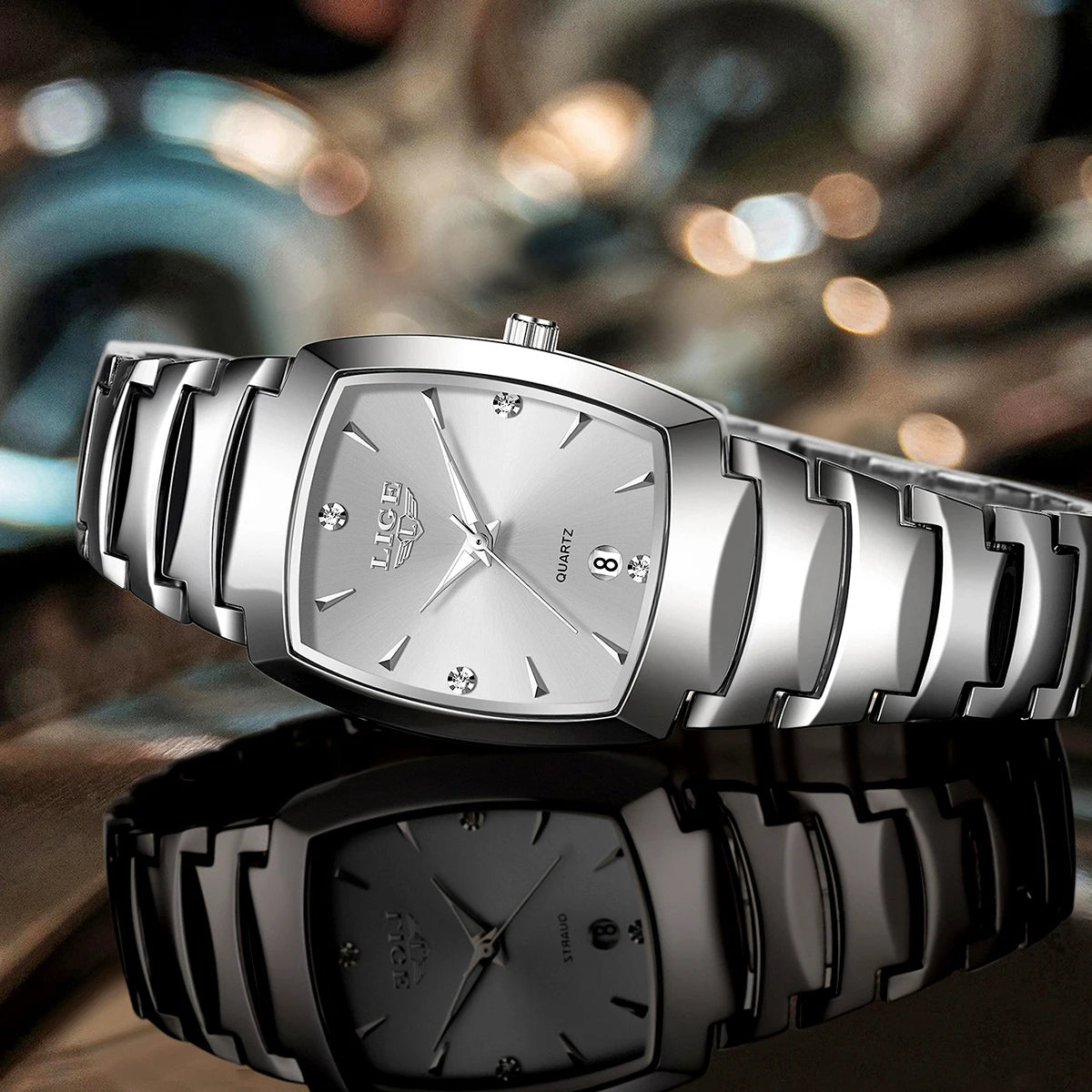 Women's Tonneau Date Quartz Bracelet Watch — Silver-tone watch horizontal view — BandsCo Straps