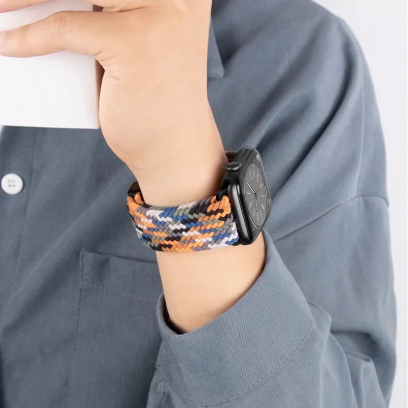 Multicolor braided band worn on a wrist for Apple Watch