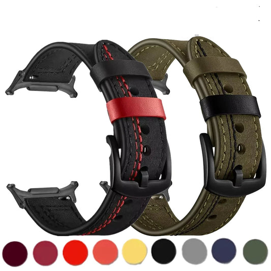 Samsung Galaxy Leather Watch Band No Gap Replacement For Ultra/Ultra2 in black and olive green with contrasting stitching.