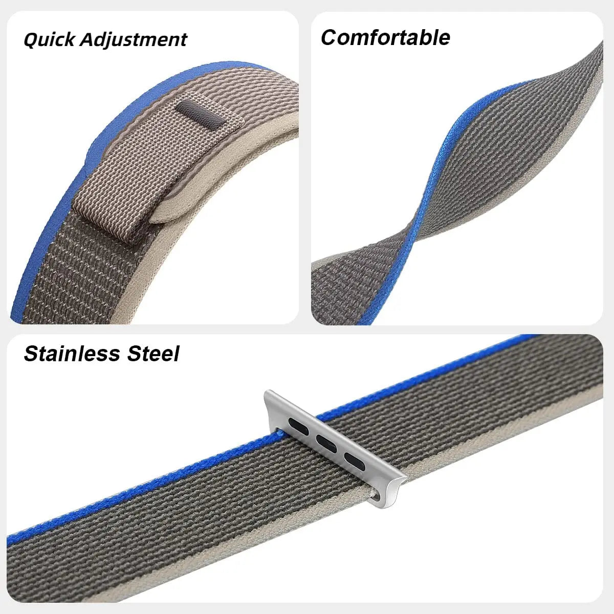 Pull-tab, woven strap and metal connector details for Apple Watch