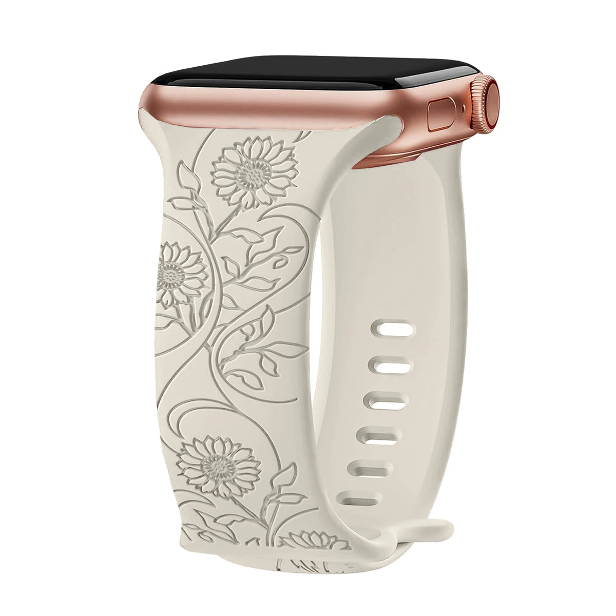 Engraved Botanical Silicone Apple Watch Band in Ivory / Sunflower Vine