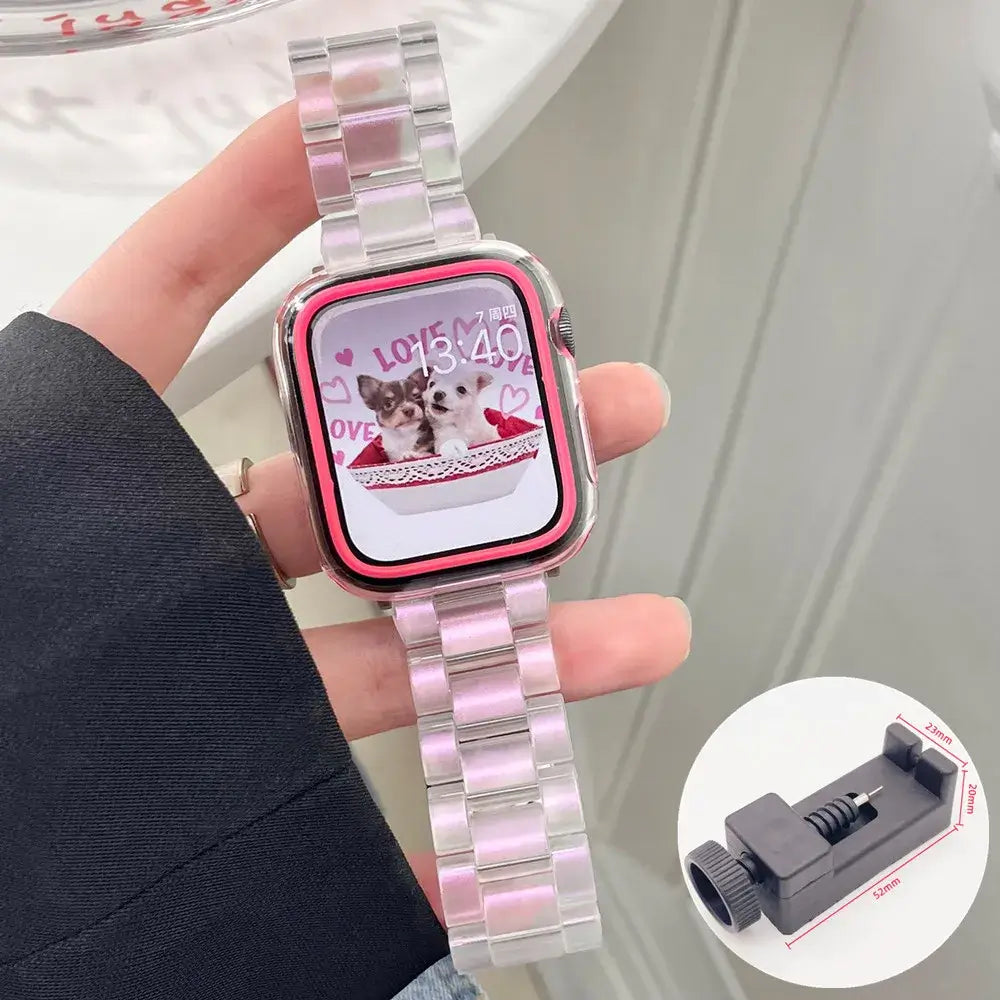 Iridescent Pink resin Apple Watch band with adjustment tool
