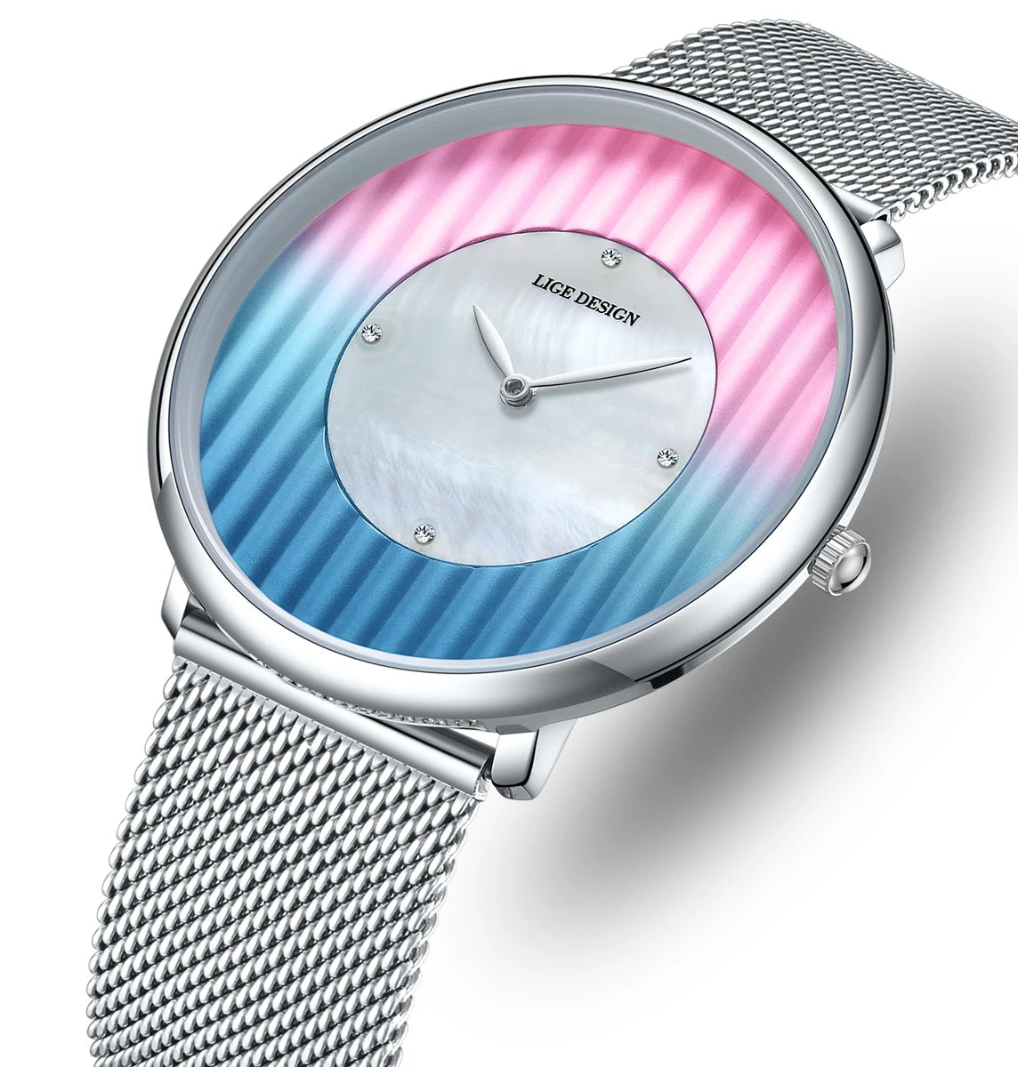 Women's Gradient Dial Mesh Quartz Watch — Gradient dial close-up — BandsCo Straps