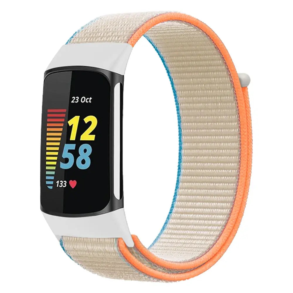 Fitbit Charge 5 & 6 Nylon Hook-and-Loop Band ivory and orange nylon loop shown on a tracker