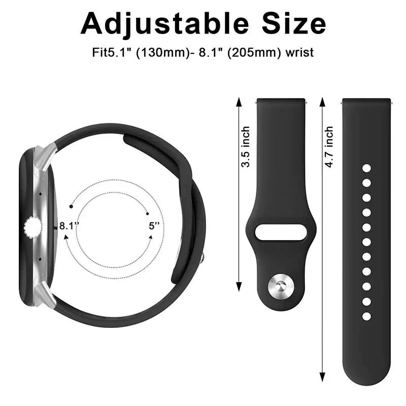Round stud silicone band wrist-size and strap length diagram
