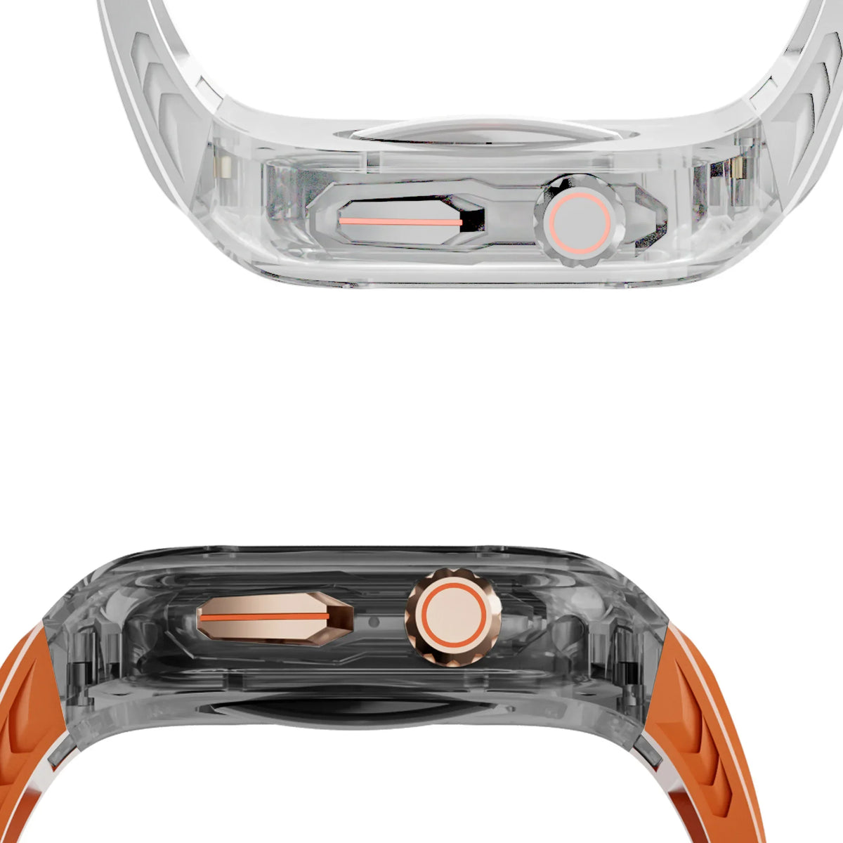 Side-control details on clear and smoke-tinted cases for Apple Watch