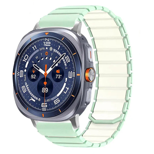 Samsung Galaxy Silicone Magnetic Watch Band Fits Watch8/Watch8 Classic/Watch9/Ultra/Ultra2 in mint green color.