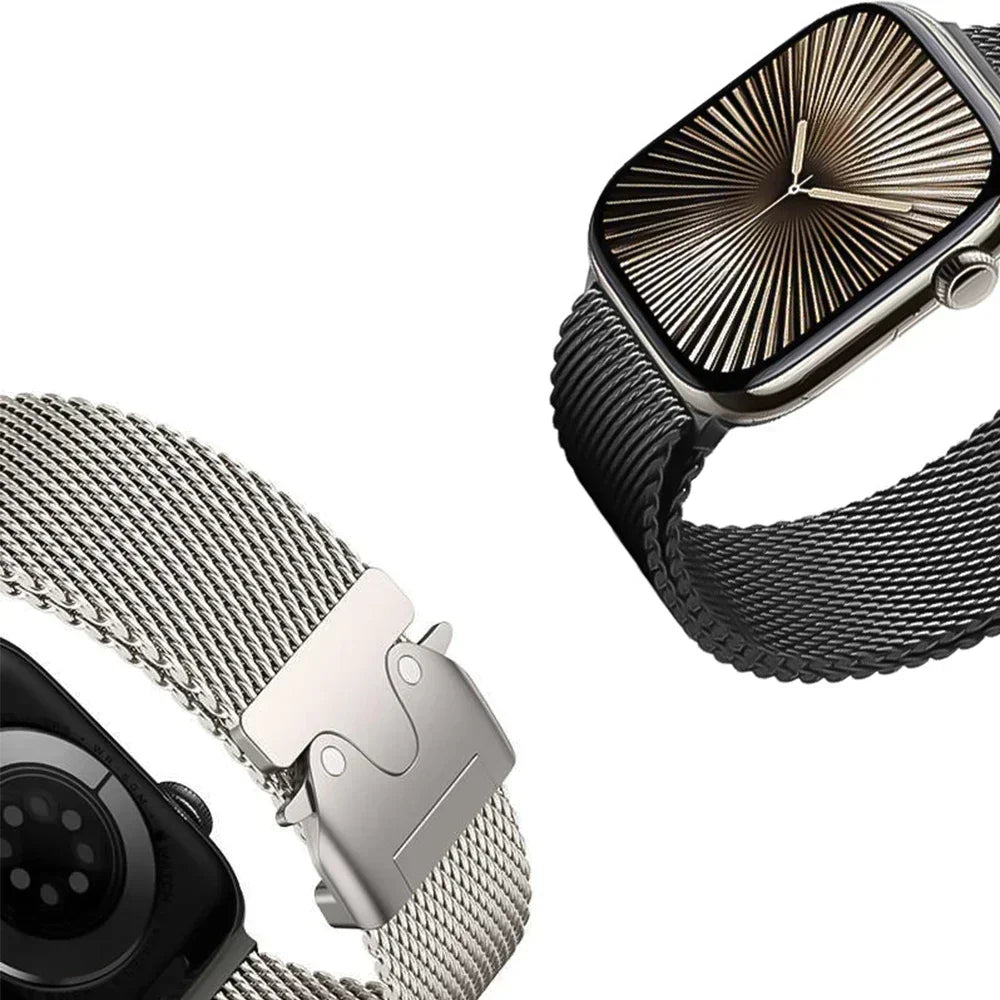 Two mesh band finishes showing the clasp and woven texture for Apple Watch