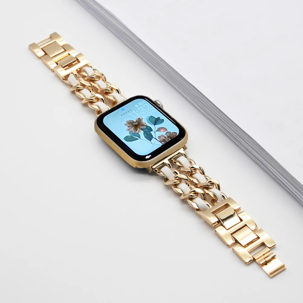 Woven-Accent Chain Apple Watch Bracelet Band in Gold / White