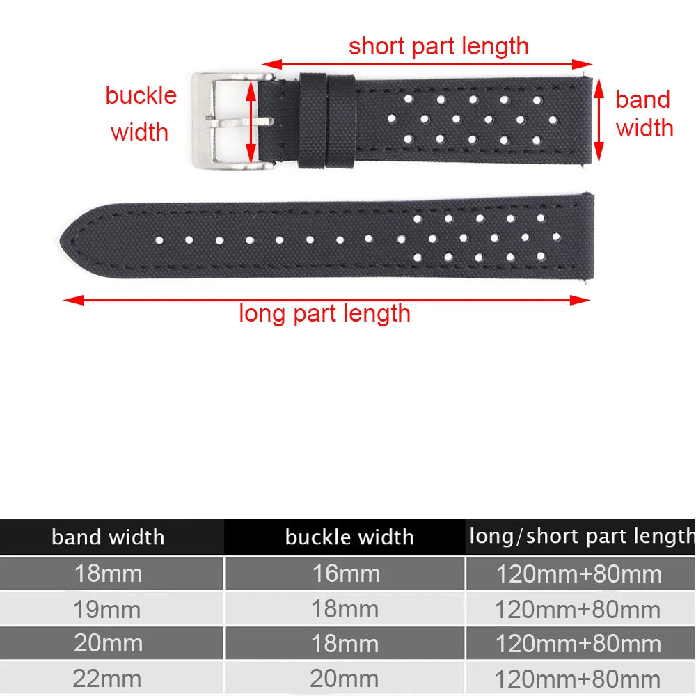 Garmin 18/20/22mm Quick Release Perforated Sailcloth Rally Band — strap dimensions by width