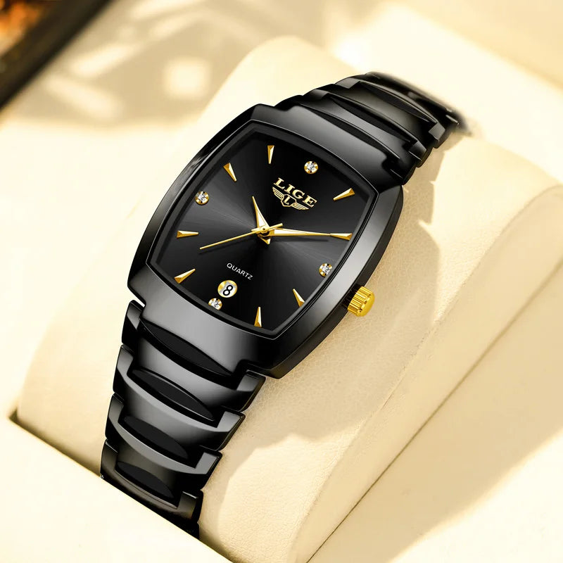 Women's Tonneau Date Quartz Bracelet Watch — Black / Gold-Tone Accents — BandsCo Straps