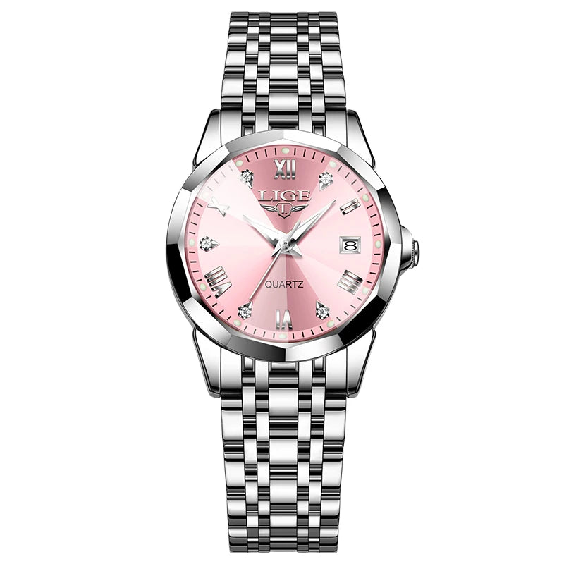 Women's 25mm Sunburst Dial Quartz Bracelet Watch — Silver Tone / Pink Dial