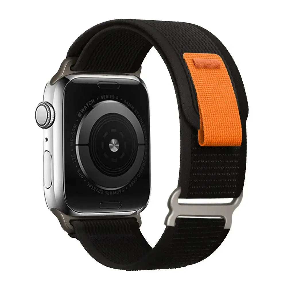 Black / Orange woven nylon Apple Watch band with pull tab
