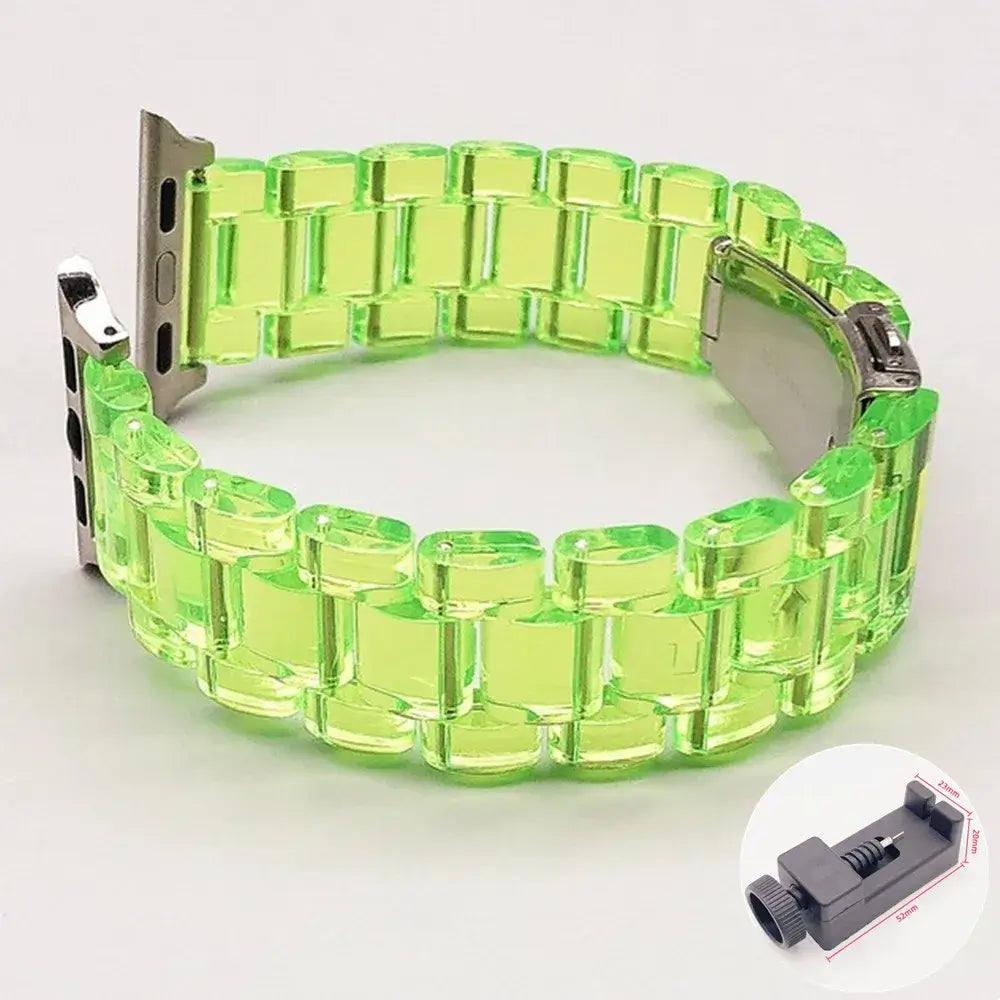 Clear Green resin Apple Watch link band with adjustment tool