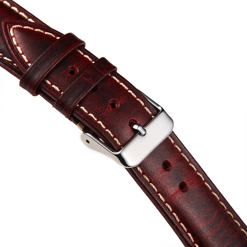 Motorola Moto Oil-Waxed Leather Band with Contrast Stitching — Pin buckle and leather keeper close-up
