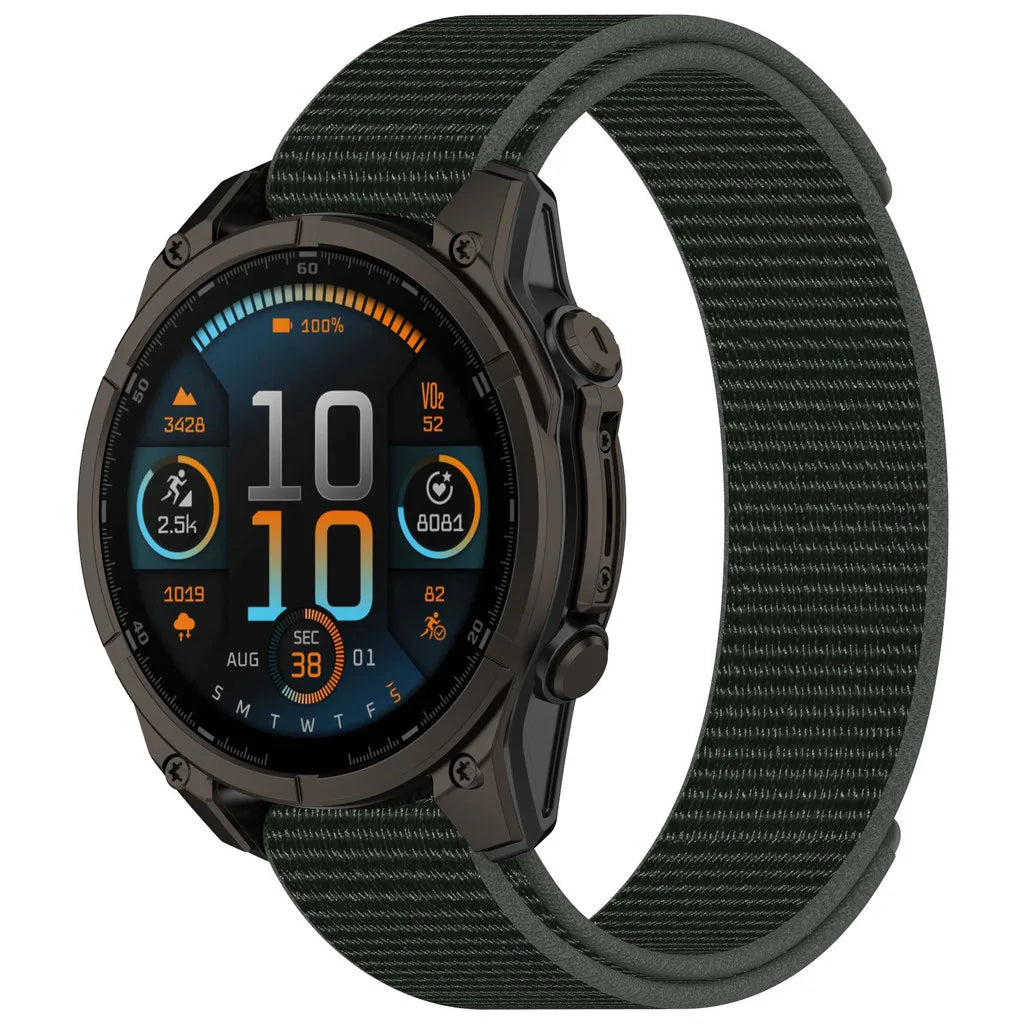 Garmin Nylon Wraparound Loop Band green nylon loop shown on a watch