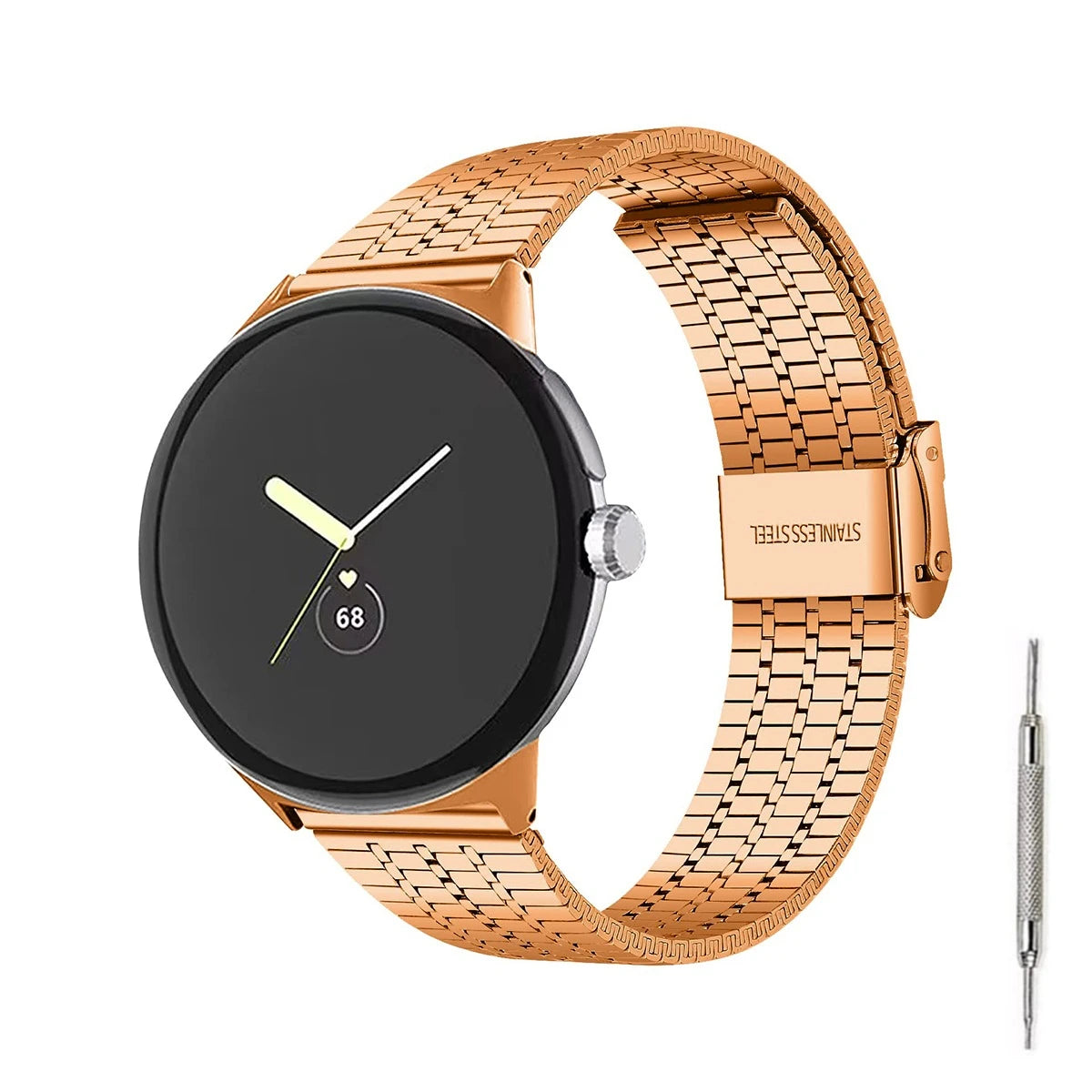 Rose Gold Google Pixel Watch 5, 4 and 3 Seven-Bead Stainless Steel Link Band