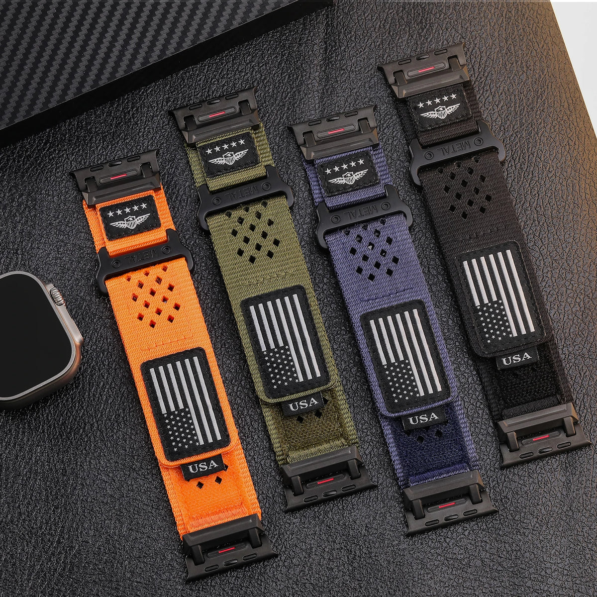 Four perforated nylon bands displayed together for Apple Watch