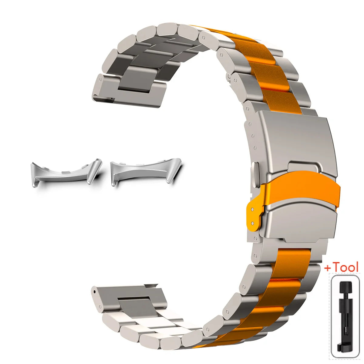 Titanium / Orange / Silver Google Pixel Watch 5, 4 and 3 45mm Titanium Link Band, Safety Clasp