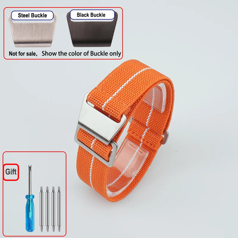 OnePlus Smartwatch Bands Nylon Elastic Parachute Fabric Watch Strap in orange with steel and black buckle options.