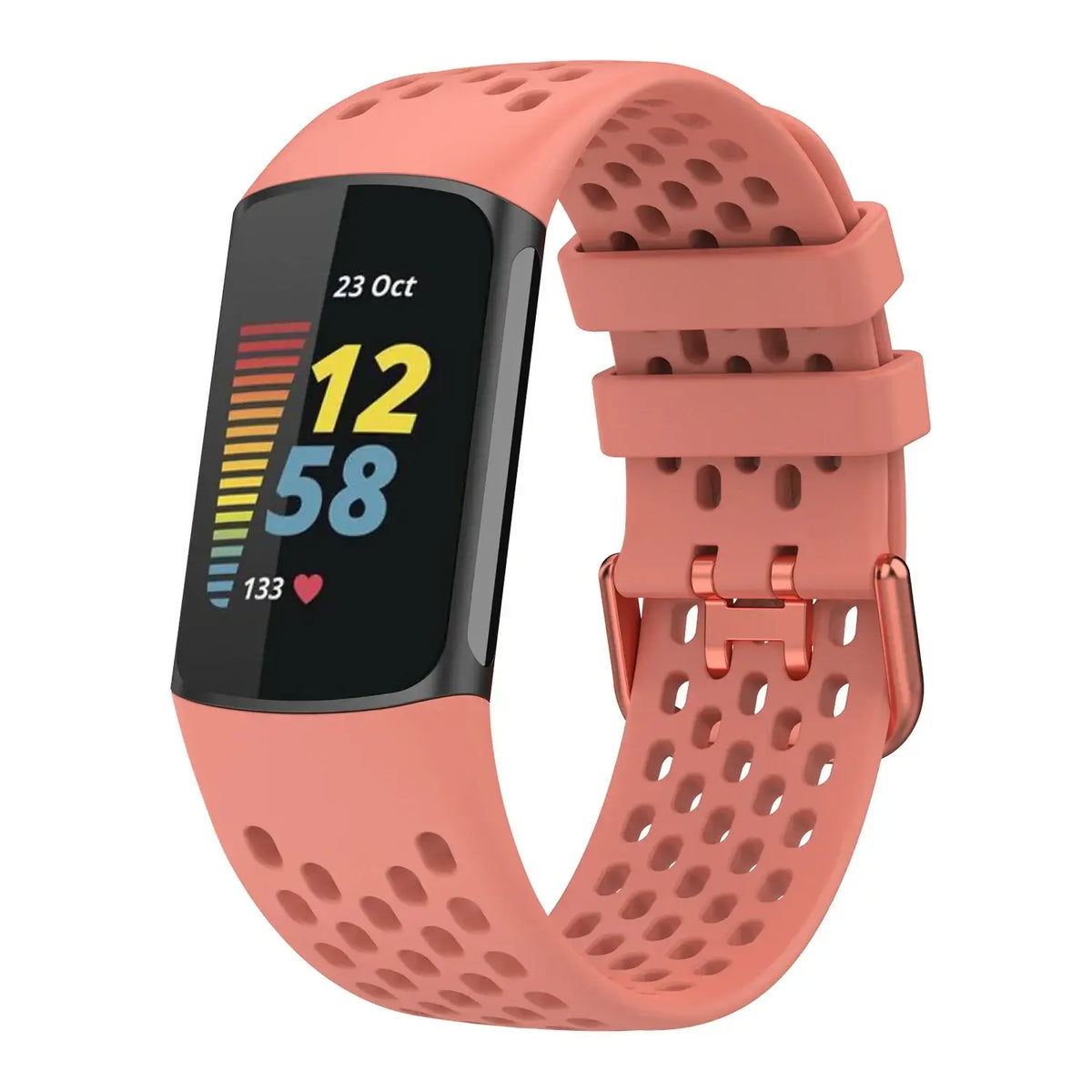 Fitbit Charge 5 & 6 Perforated Silicone Band coral pink band shown on a tracker