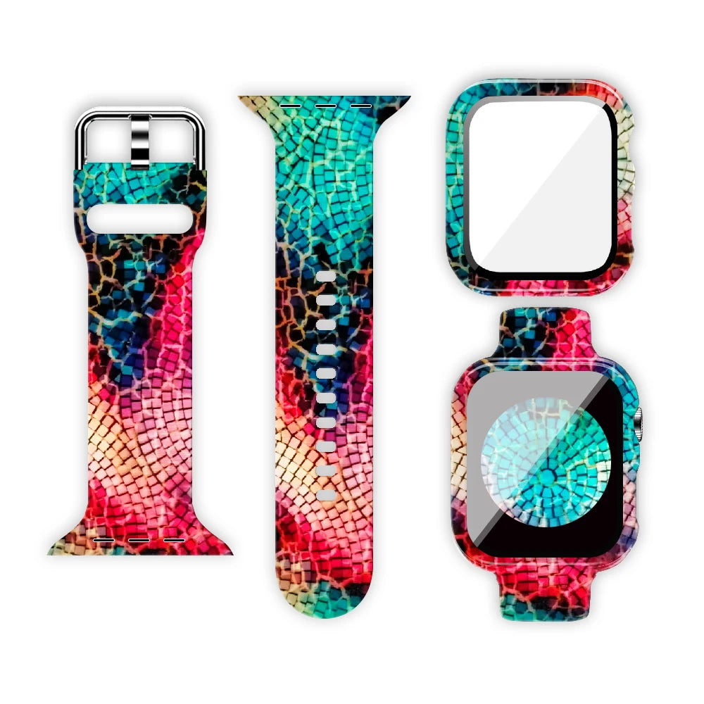Multicolor snakeskin-pattern band and case for Apple Watch