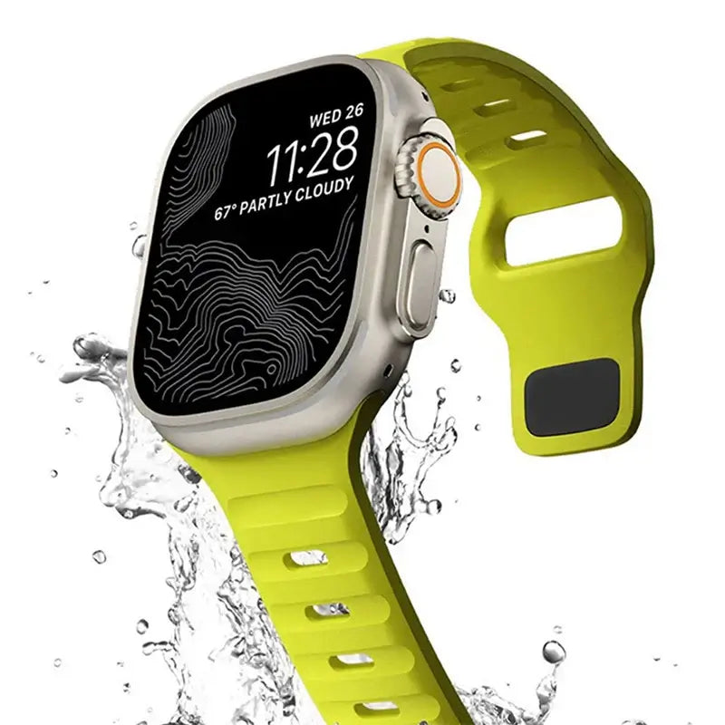 Neon yellow silicone Apple Watch band with a water-splash background