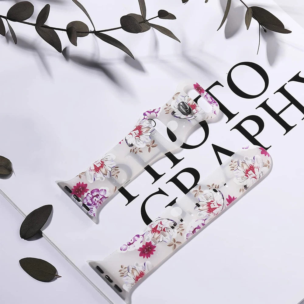 Clear Floral & Butterfly Silicone Apple Watch Band in Mixed Floral
