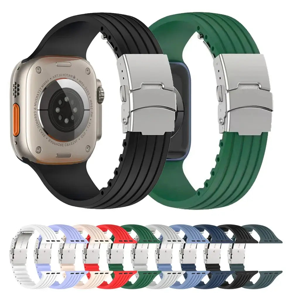 Black and green grooved silicone Apple Watch bands with folding clasps and a color preview strip