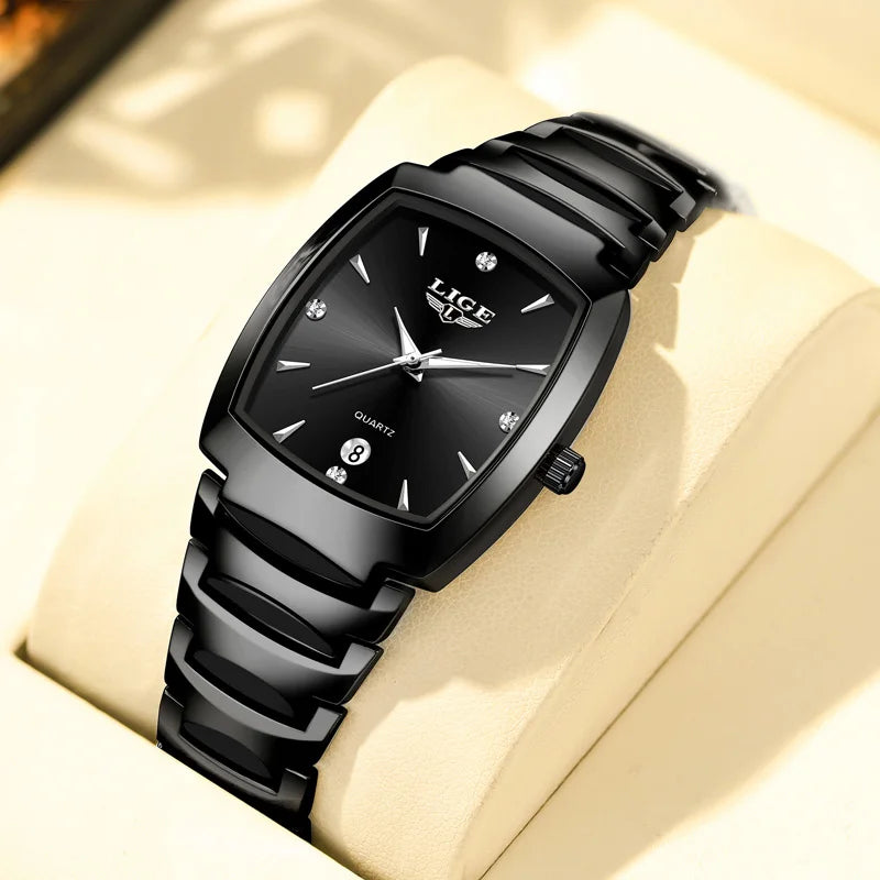 Women's Sculpted Bracelet Tonneau Quartz Watch — Black / Silver-Tone Accents — BandsCo Straps