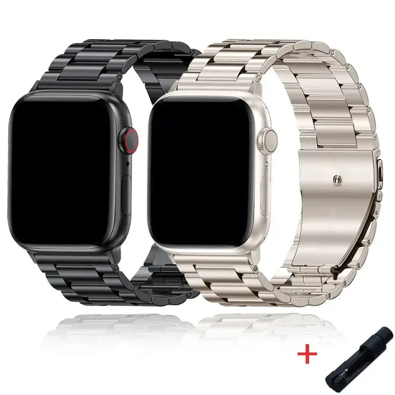 Black and Starlight wide-link Apple Watch bracelets with adjustment tool