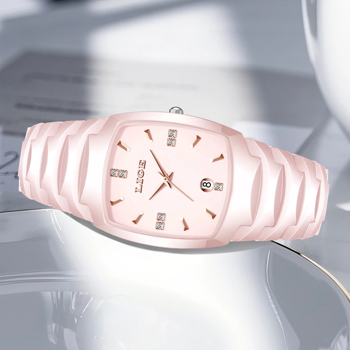 Women's Tonneau Crystal Marker Bracelet Watch — Pink watch horizontal view — BandsCo Straps
