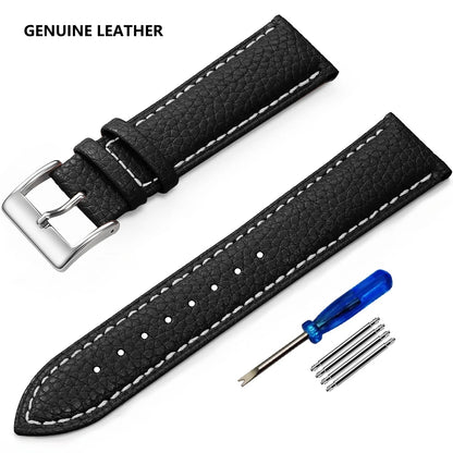 Garmin Grained Leather Band in Black with White Stitching and Silver Buckle