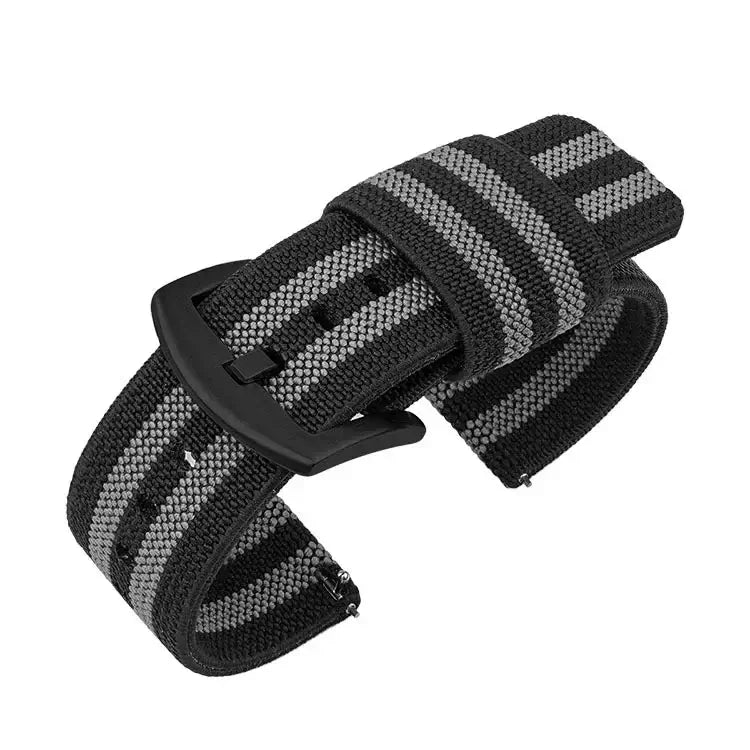 Samsung Galaxy Watch Solid & Striped Woven Strap in Black / Gray Stripes / Black Buckle