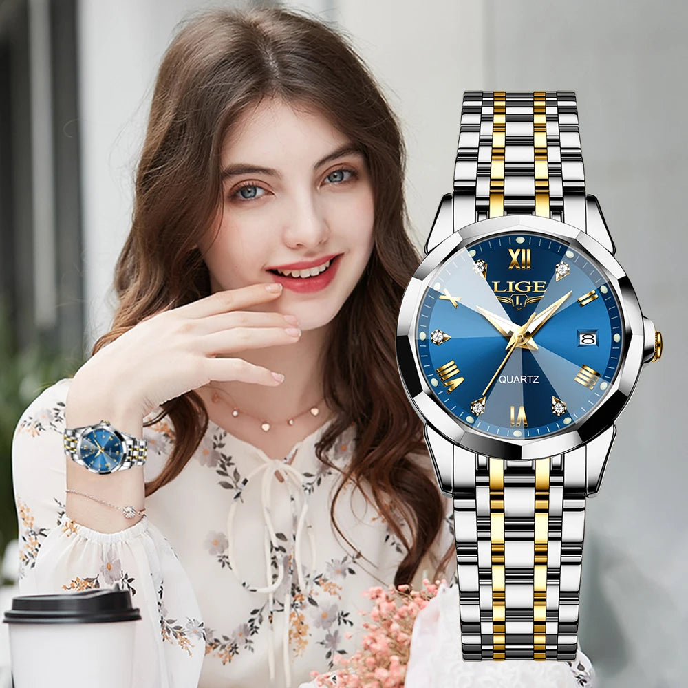 Women's 25mm Sunburst Dial Quartz Bracelet Watch — Two-tone blue dial watch styling