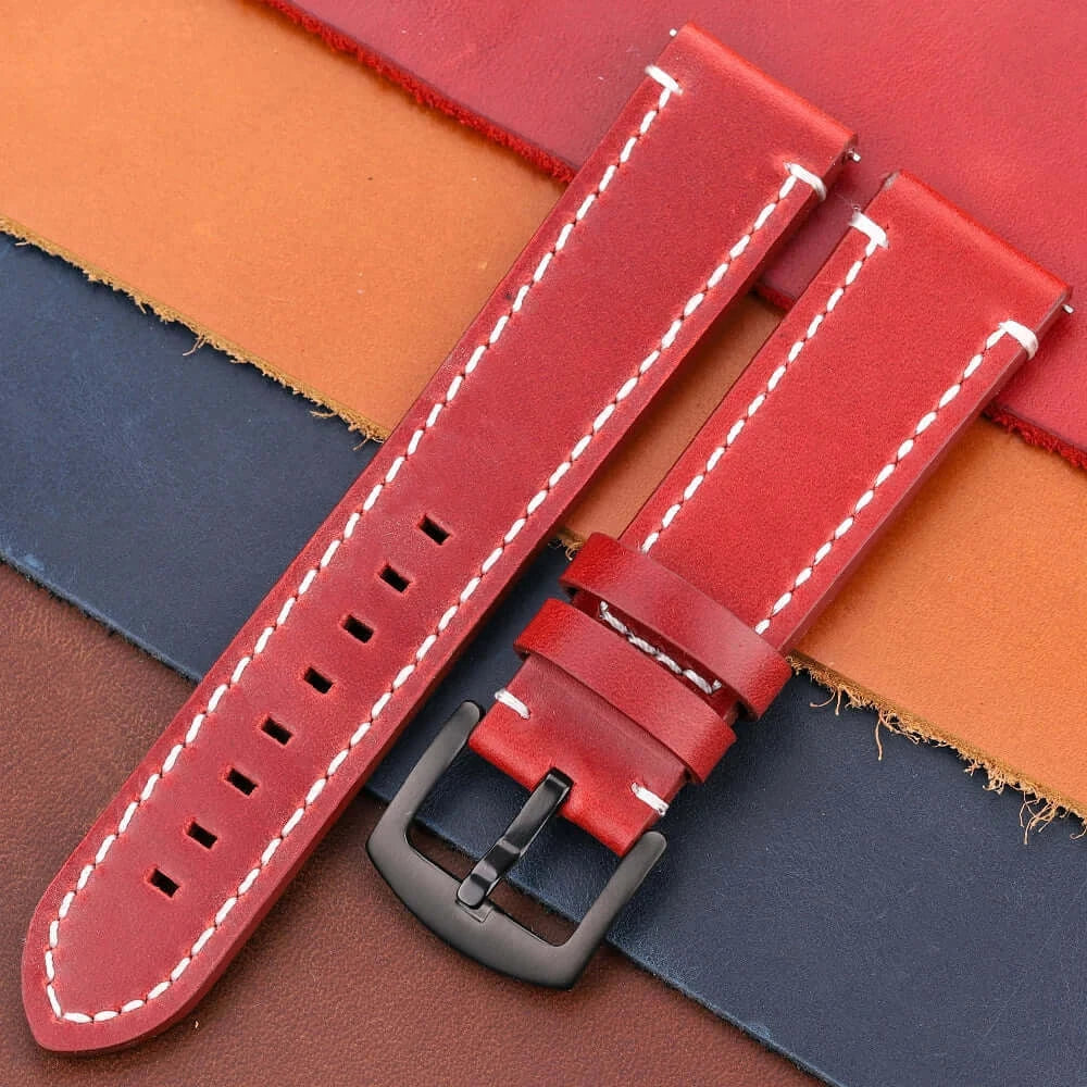 Samsung Galaxy Watch Contrast-Stitch Buckle Leather Band in Red / Black Buckle