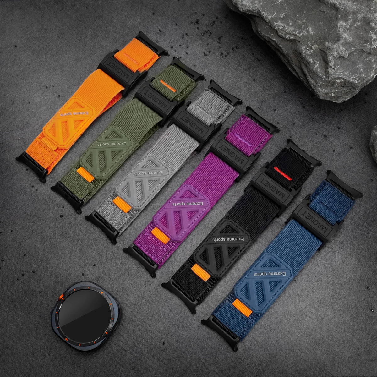 Samsung Galaxy Sport Magnetic Nylon Watch Band – Ultra/Ultra2 collection with multiple color options on a stone background.
