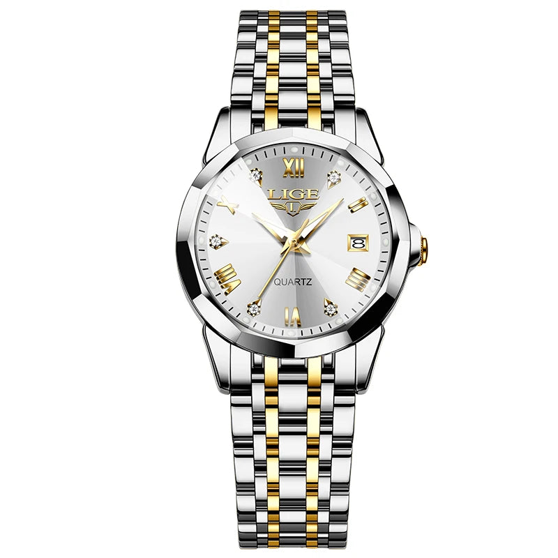 Women's 25mm Sunburst Dial Quartz Bracelet Watch — Silver & Gold Tone / White Dial