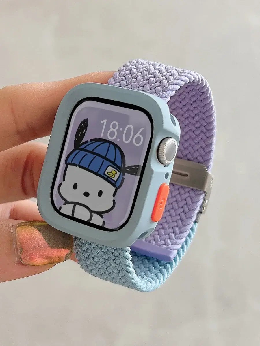 Light Blue Case - Lilac / Light Blue woven nylon Apple Watch band with matching case