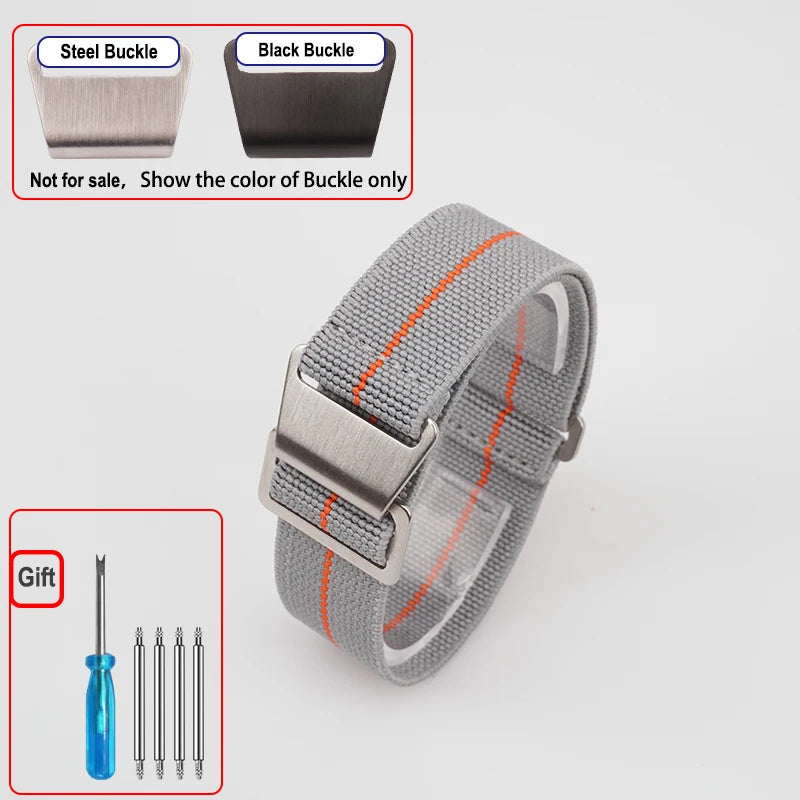 OnePlus Smartwatch Bands Nylon Elastic Parachute Fabric Watch Strap with steel and black buckle options.