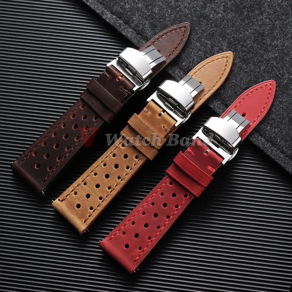 Garmin Perforated Racing Leather Band in dark brown, light brown and red