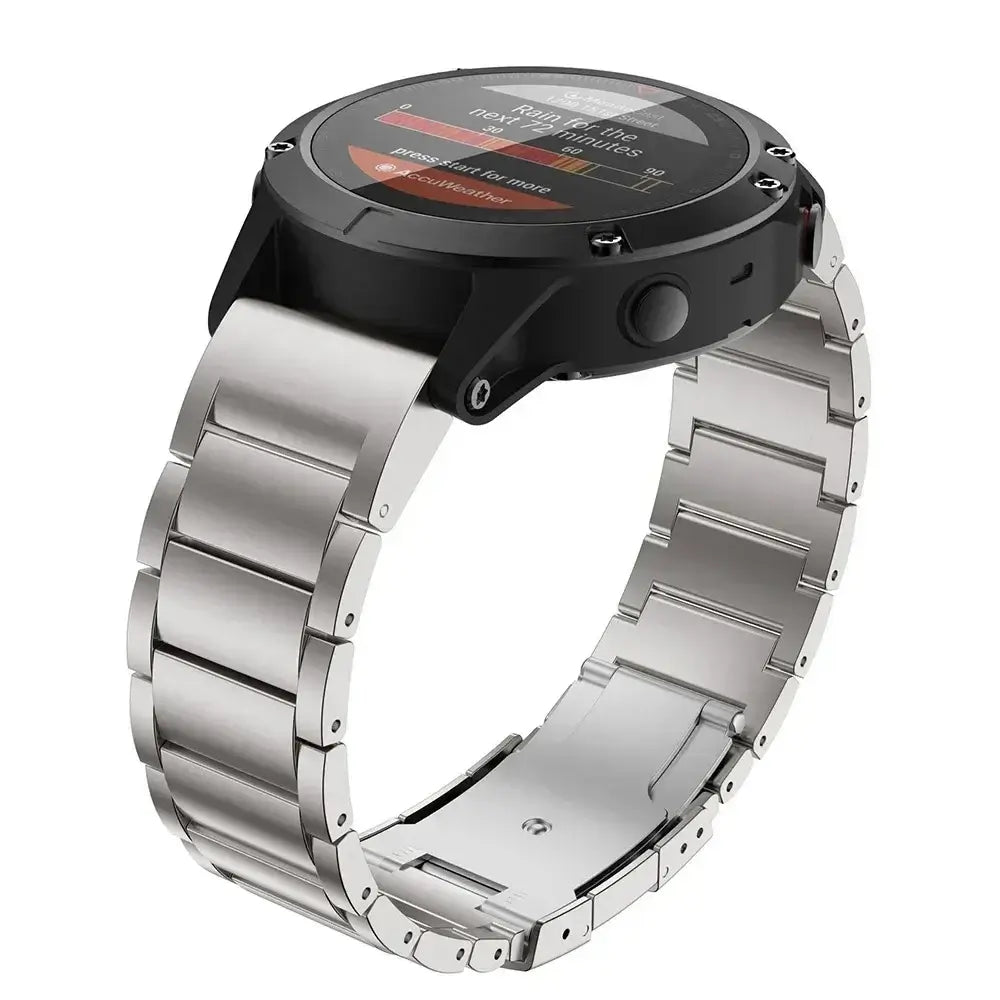 Garmin QuickFit Metal Link Band silver wide-link bracelet shown on a watch