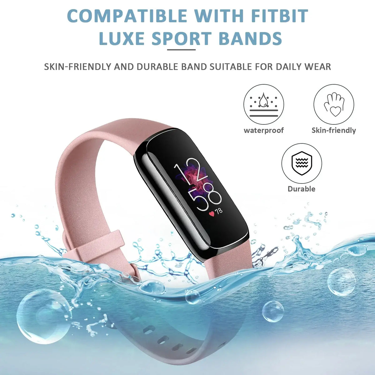 Fitbit Luxe Silicone Band with Solid & Glitter Finishes - Pink band on tracker