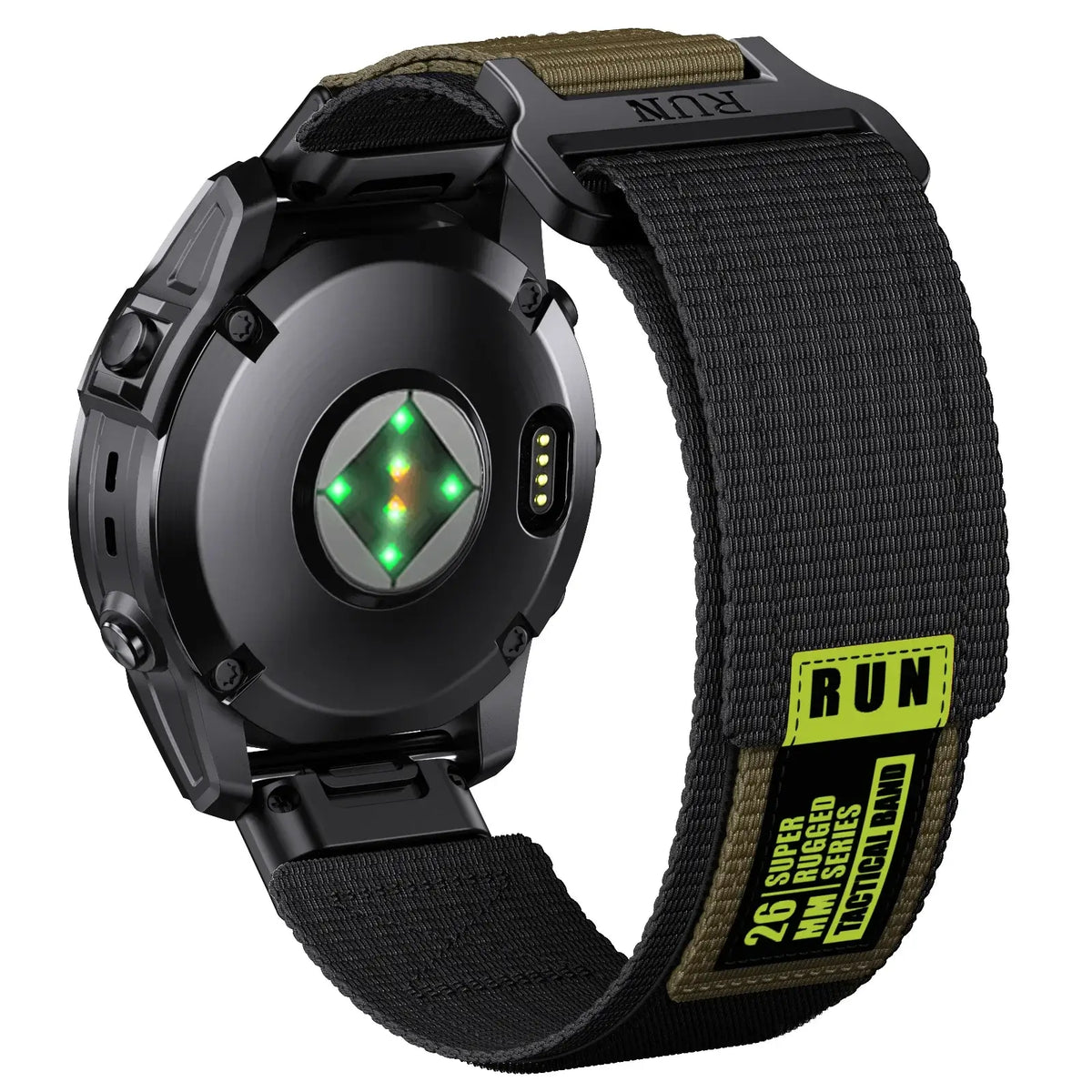 Garmin QuickFit Nylon Sports Loop Band in Black / Olive shown from the underside of a watch