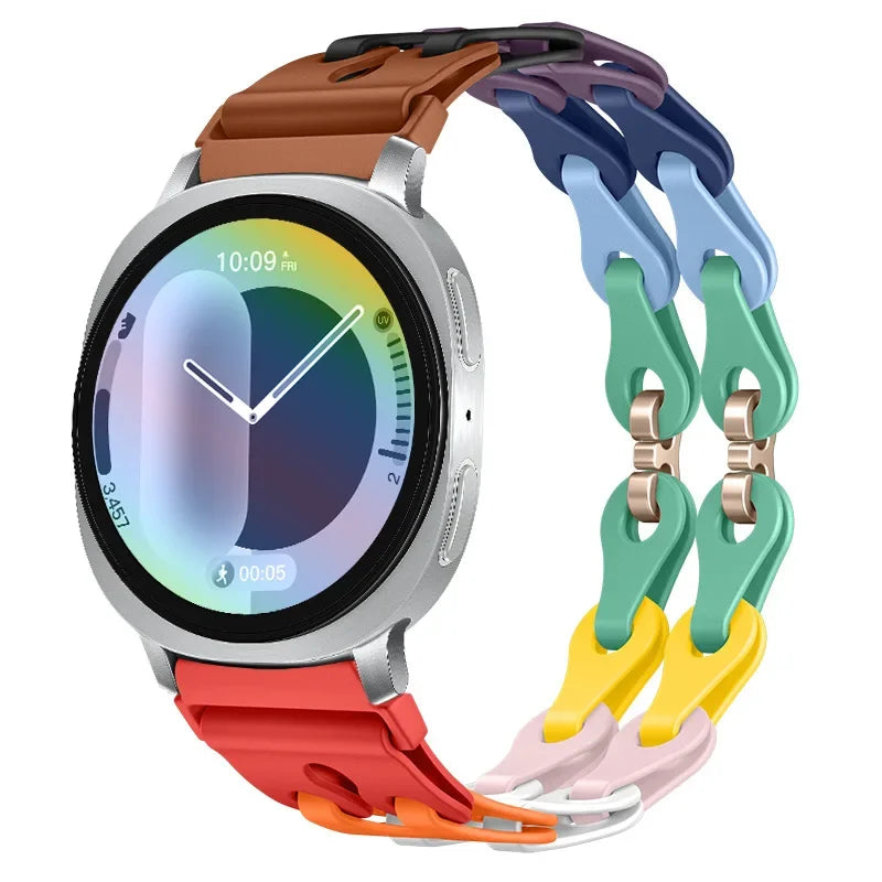 Samsung Galaxy Silicone Chain Watch Band – Watch8/Watch8 Classic/Watch9/Ultra/Ultra2 Multi in rainbow colors on smartwatch.
