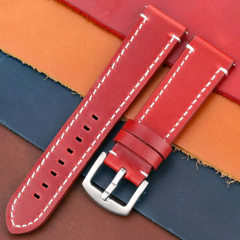 Suunto Contrast-Stitched Leather Buckle Band - Red / Silver Buckle