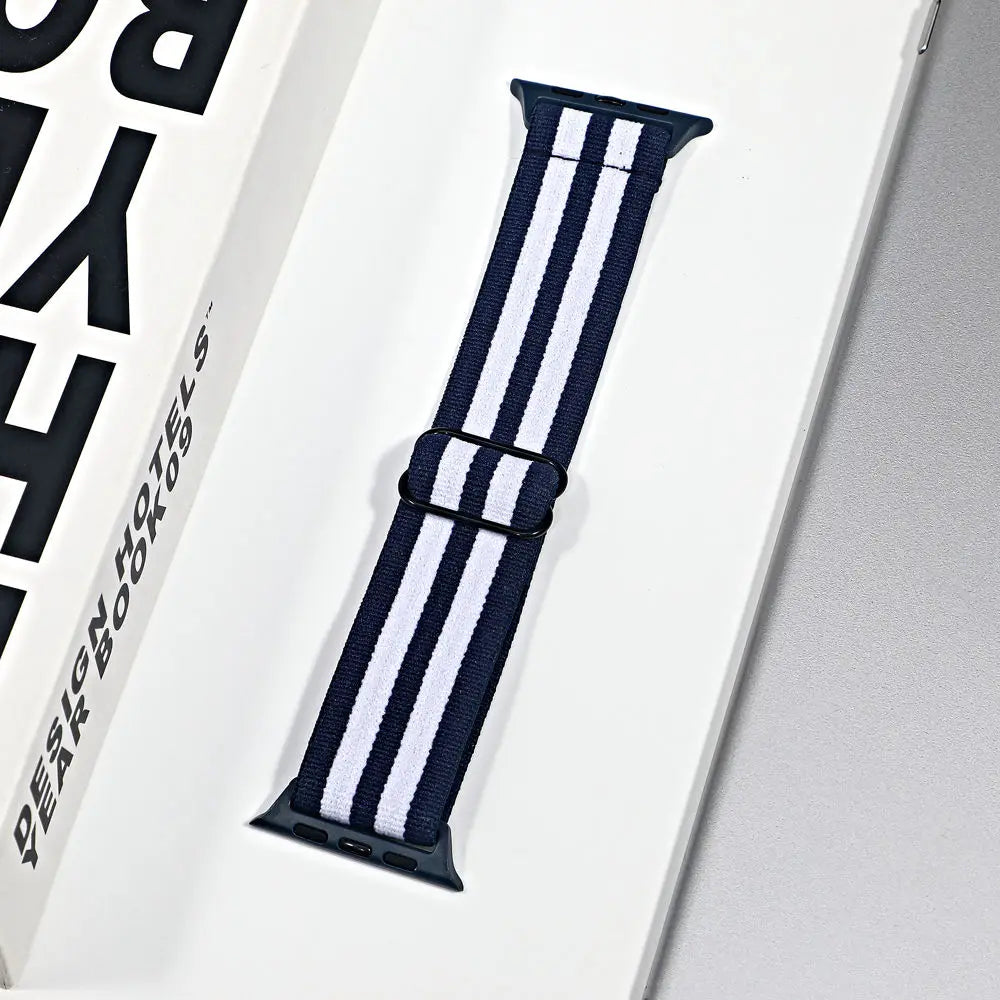 Stretch Nylon Apple Watch Loop - Solid & Patterned in Navy / White Stripe