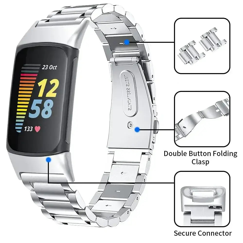Fitbit Charge 5 & 6 Stainless Steel Three-Link Band folding clasp, removable links and connector details