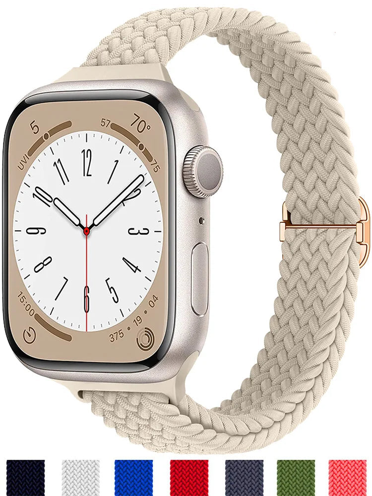 Ivory braided stretch Apple Watch band with color preview swatches