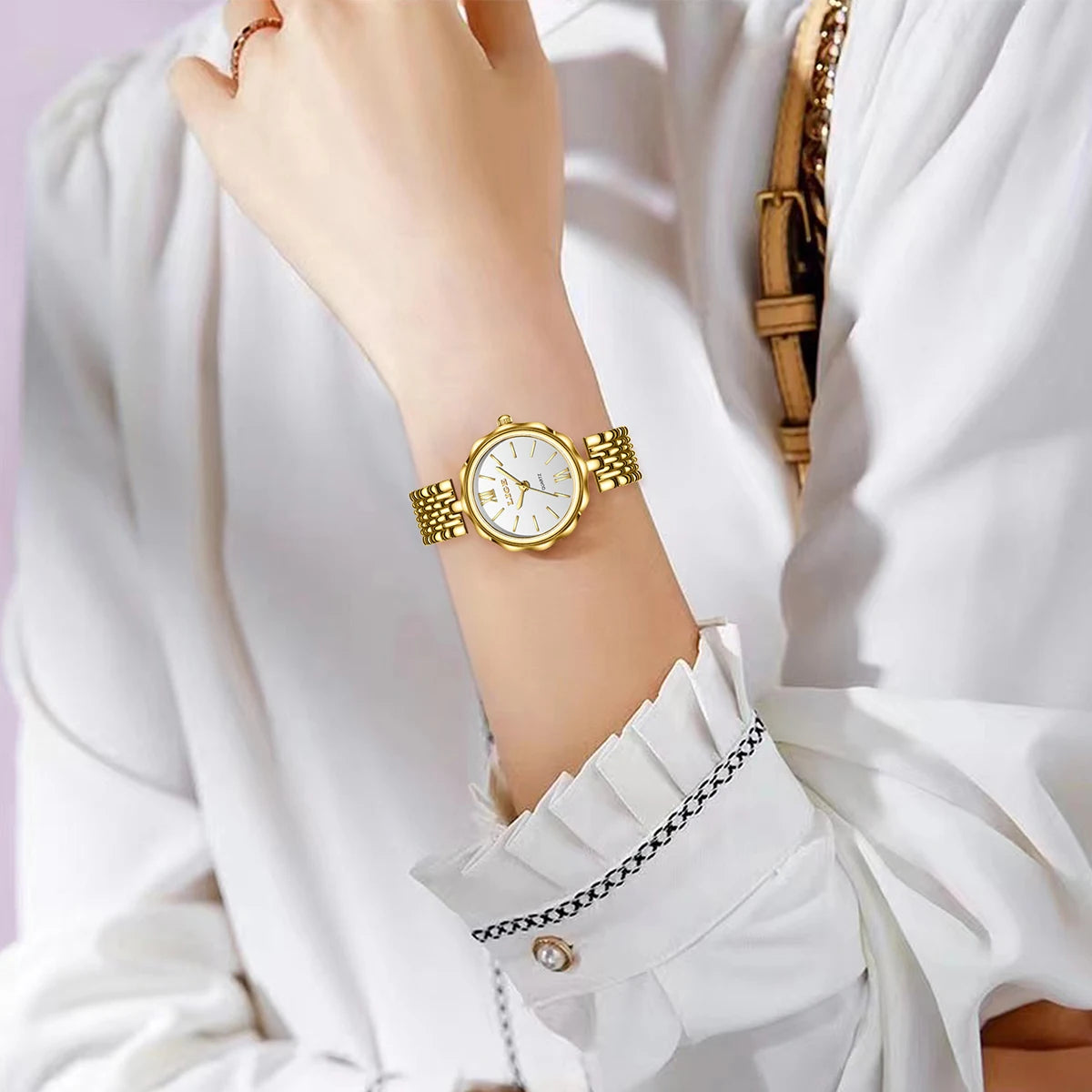 Women's Roman Dial Link Bracelet Quartz Watch — White dial watch worn on wrist — BandsCo Straps